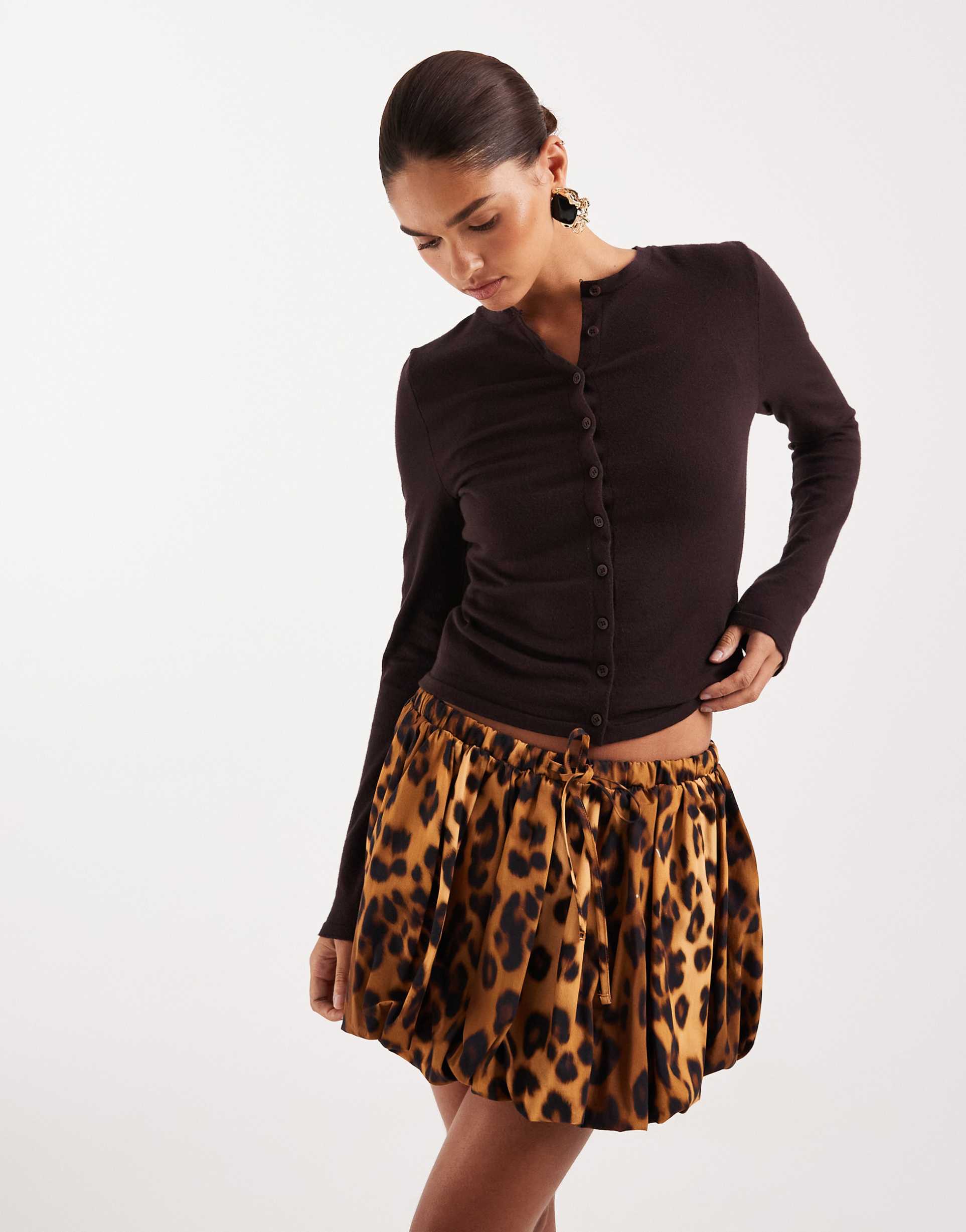 asos design fine knit 3/4 sleeve cardigan in brown - part of a set