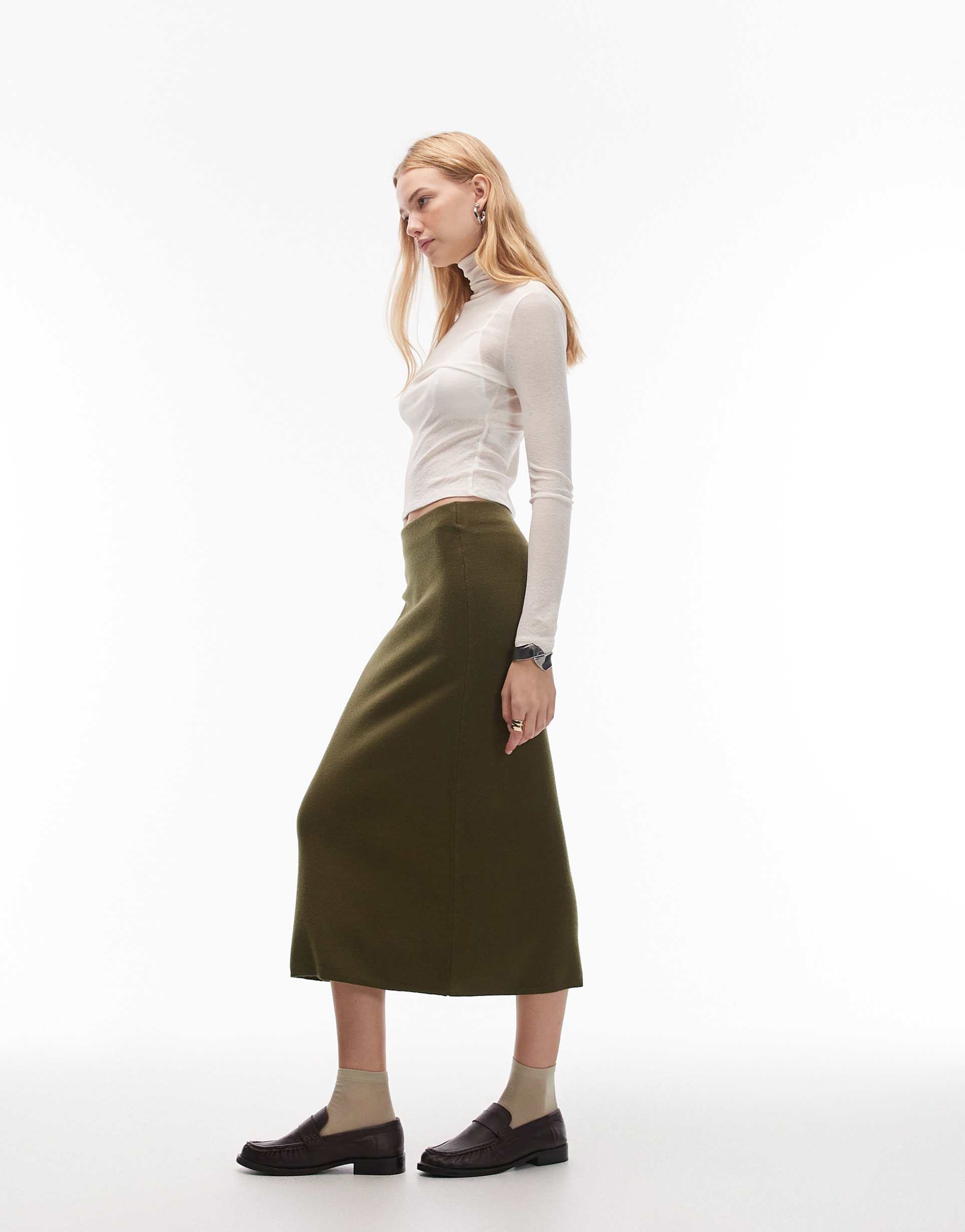 asos design fine knit 90's length skirt in khaki green - part of a set