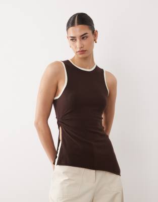 Asos Design Fine Knit Asymmetric Tank Top In Brown