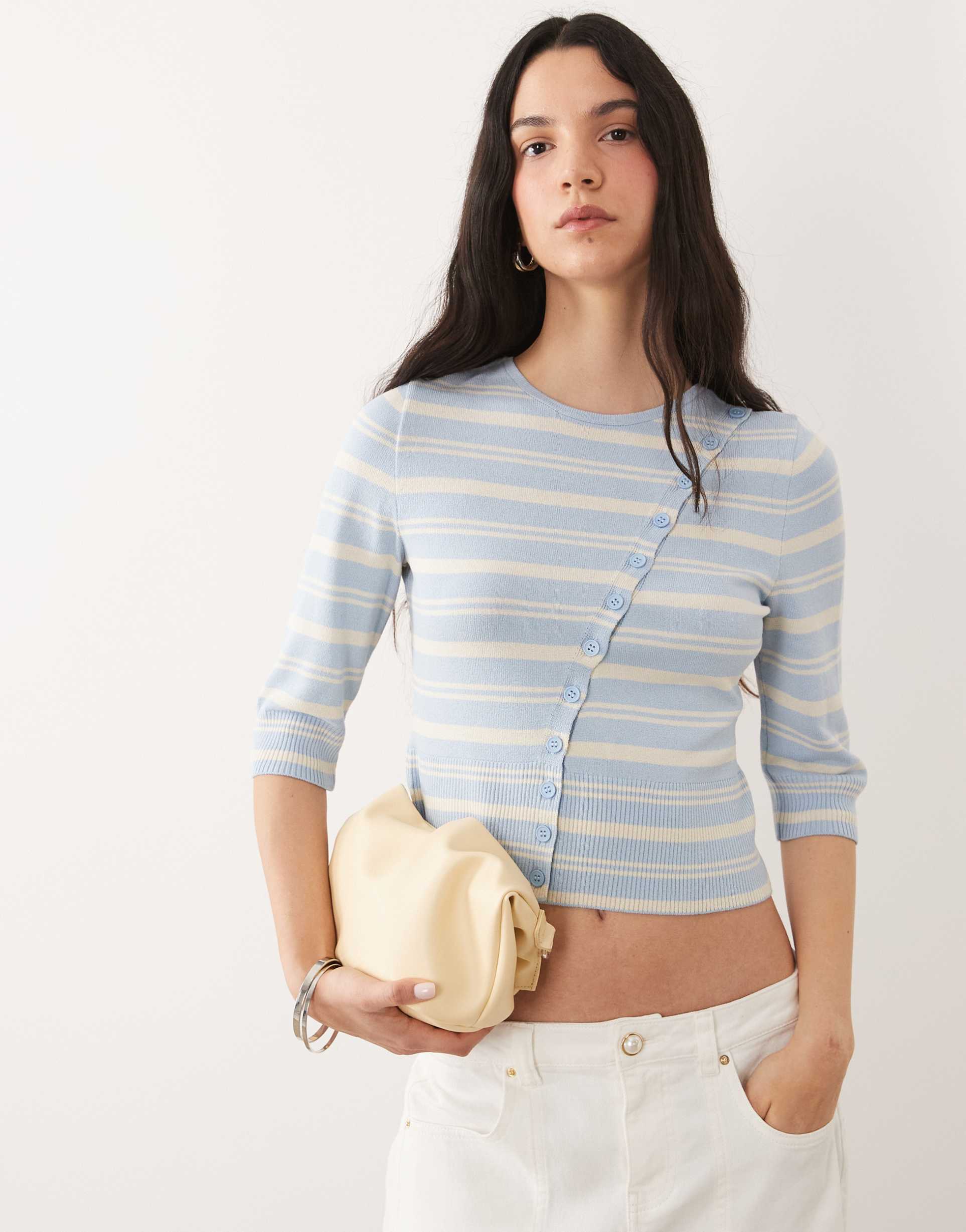 asos design fine knit asymmetrical cardigan in blue stripe