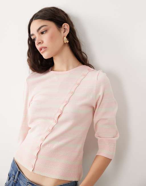 ASOS DESIGN fine knit asymmetrical cardigan in pink stripe, 3 of 4