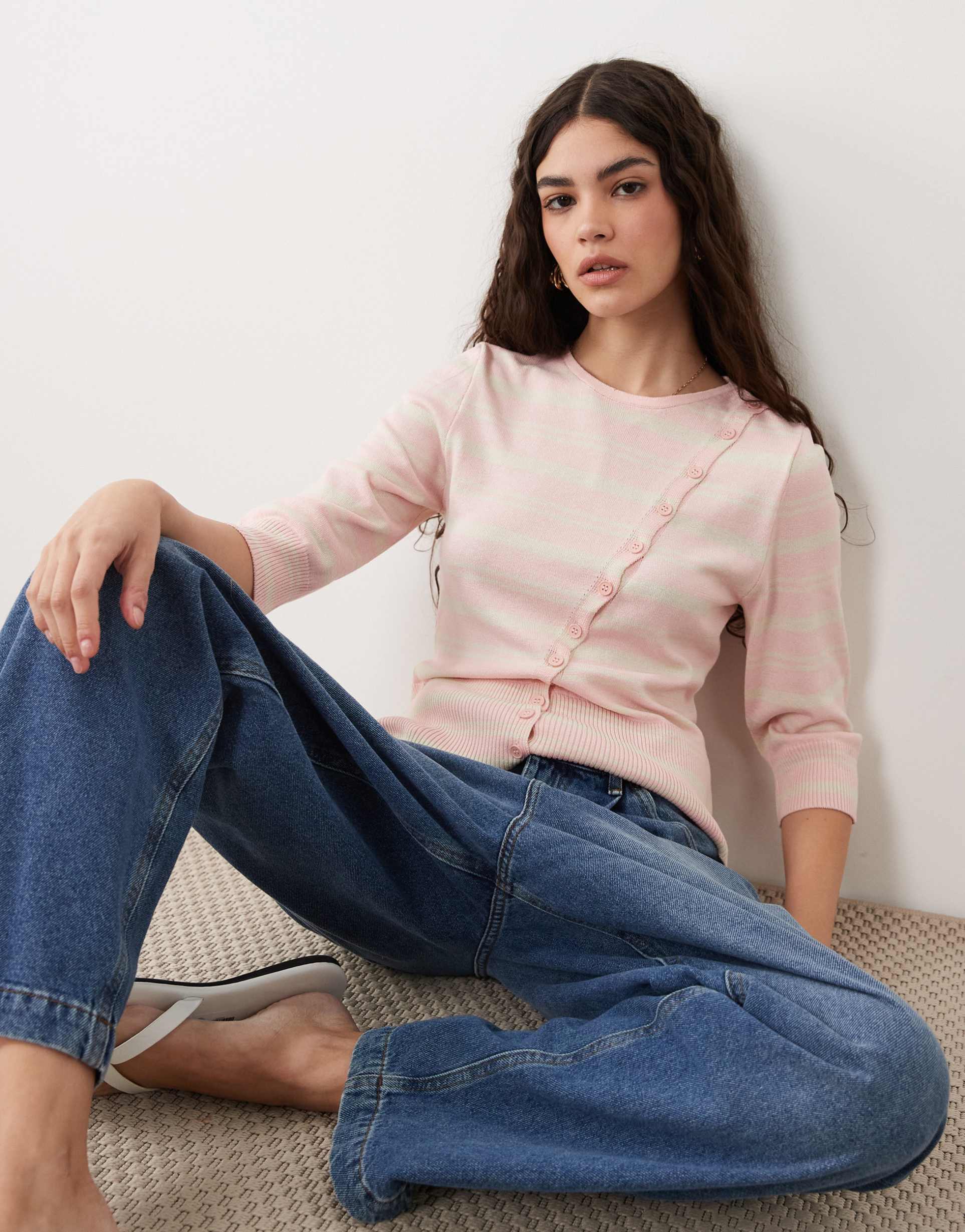 asos design fine knit asymmetrical cardigan in pink stripes