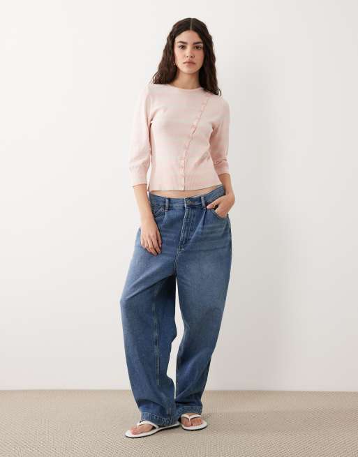 ASOS DESIGN fine knit asymmetrical cardigan in pink stripes, 2 of 4