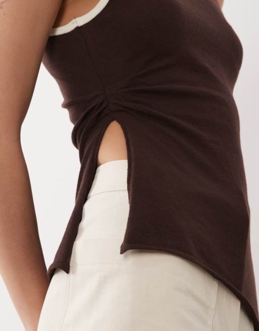 ASOS DESIGN fine knit asymmetrical tank top in brown, 4 of 4