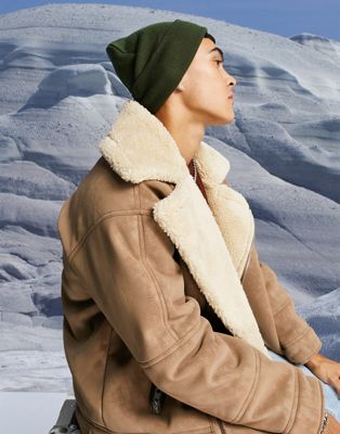 ASOS DESIGN fine knit beanie with deep turn up in khaki