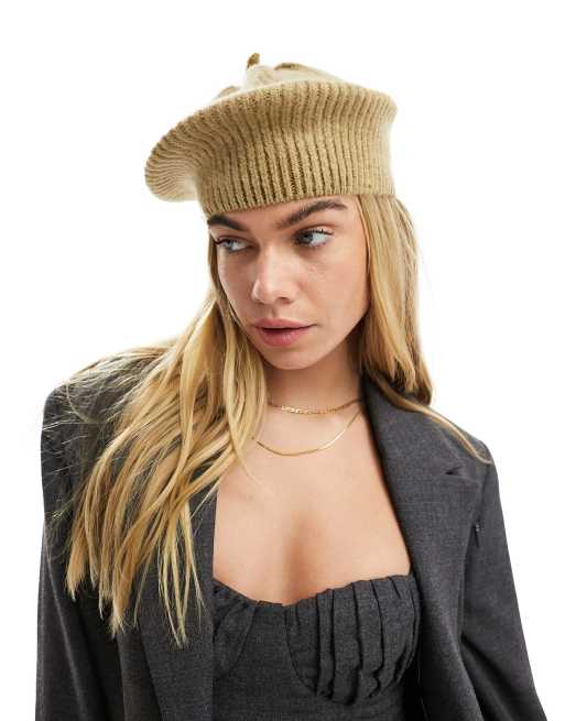 ASOS DESIGN fine knit beret in oatmeal