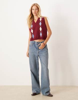 Asos Design Fine Knit Button Down Tank Top With Argyle Pattern-multi In Multi