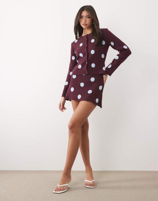 ASOS DESIGN fine knit cardigan in plum polka dot (part of a set), 2 of 4