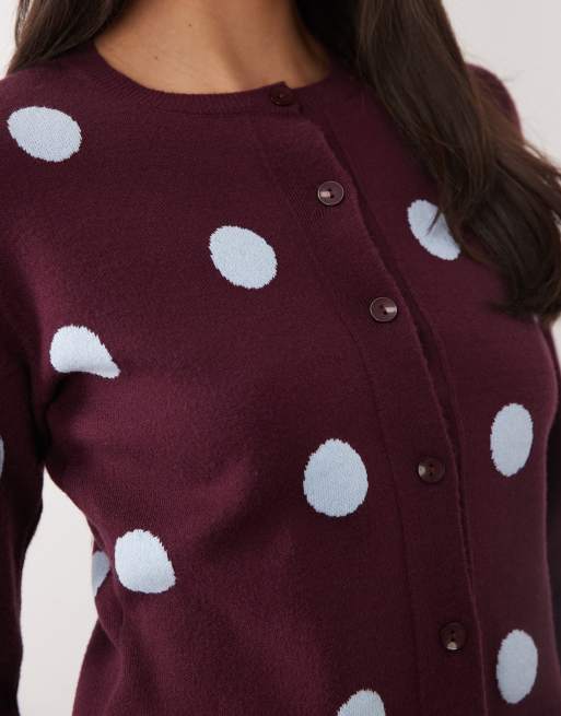 ASOS DESIGN fine knit cardigan in plum polka dot (part of a set), 3 of 4