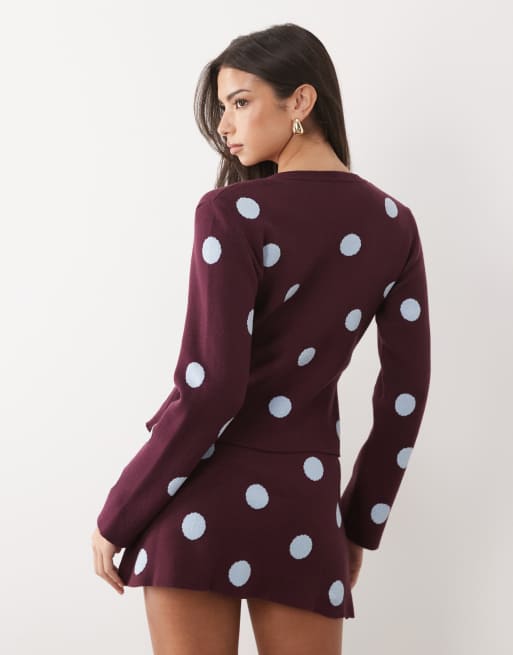 ASOS DESIGN fine knit cardigan in plum polka dot (part of a set), 4 of 4