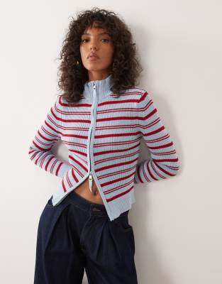 ASOS DESIGN fine knit cinched funnel neck zip up cardigan in blue and red stripe