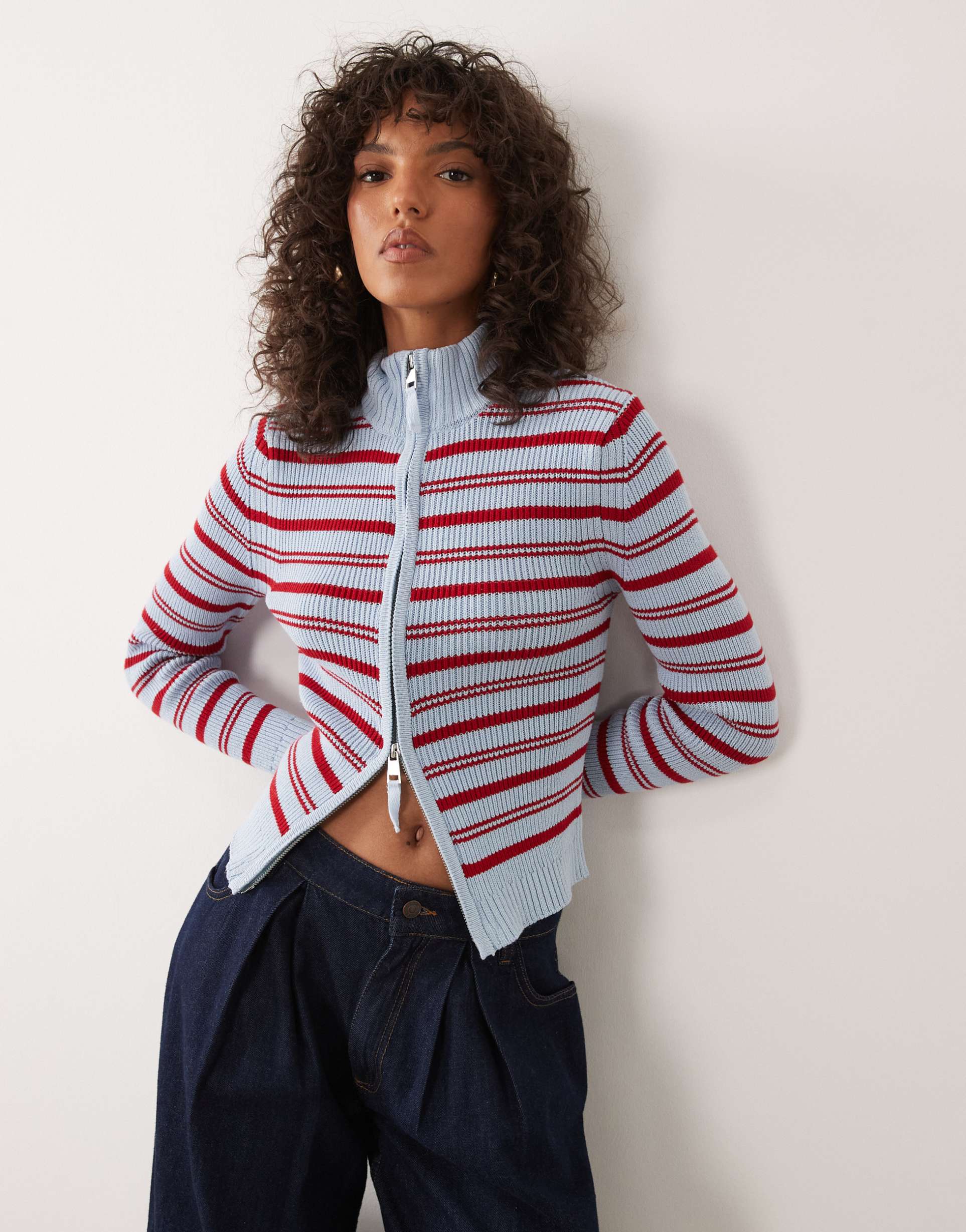asos design fine knit cinched funnel neck zip up cardigan in blue and red stripes