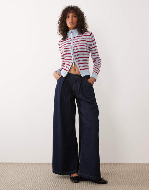 ASOS DESIGN fine knit cinched funnel neck zip up cardigan in blue and red stripes, 2 of 4