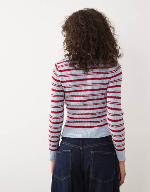 ASOS DESIGN fine knit cinched funnel neck zip up cardigan in blue and red stripes, 4 of 4