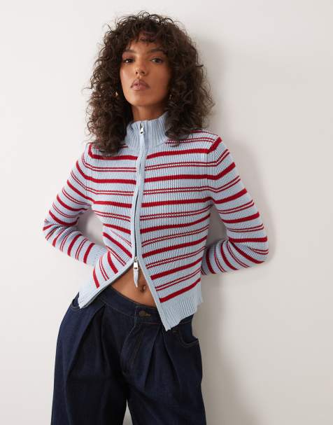 ASOS DESIGN fine knit cinched funnel neck zip up in blue and red stripe - view 1
