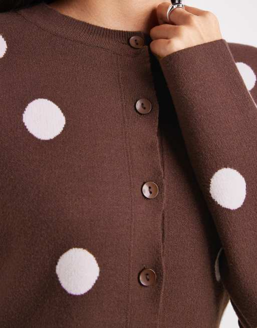 ASOS DESIGN fine knit compact cardigan in brown polka dot (part of a set), 4 of 4