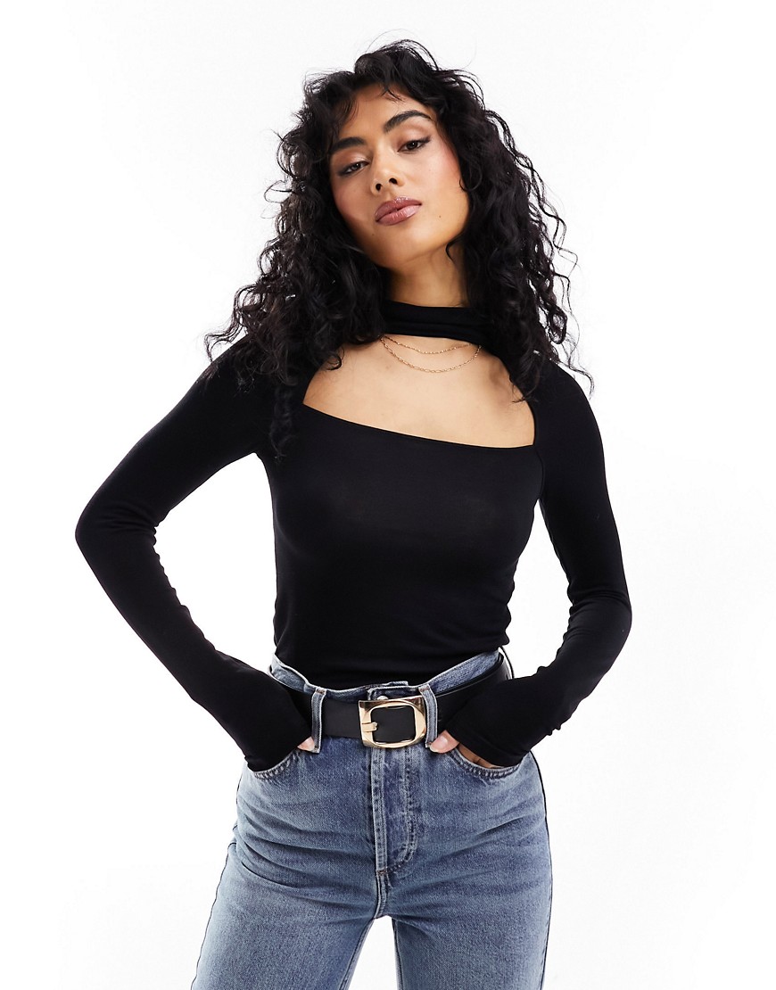ASOS DESIGN fine knit cut out detail long sleeve top in black