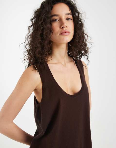 ASOS DESIGN fine knit deep scoop tank top in chocolate brown - view 1