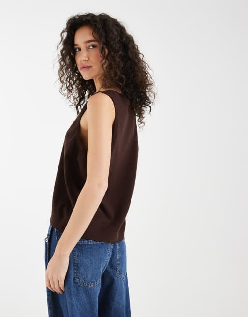 ASOS DESIGN fine knit deep scoop tank top in chocolate brown, 4 of 4