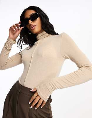 Asos Design Fine Knit Exposed Seam Roll Neck Bodysuit In Oatmeal-neutral