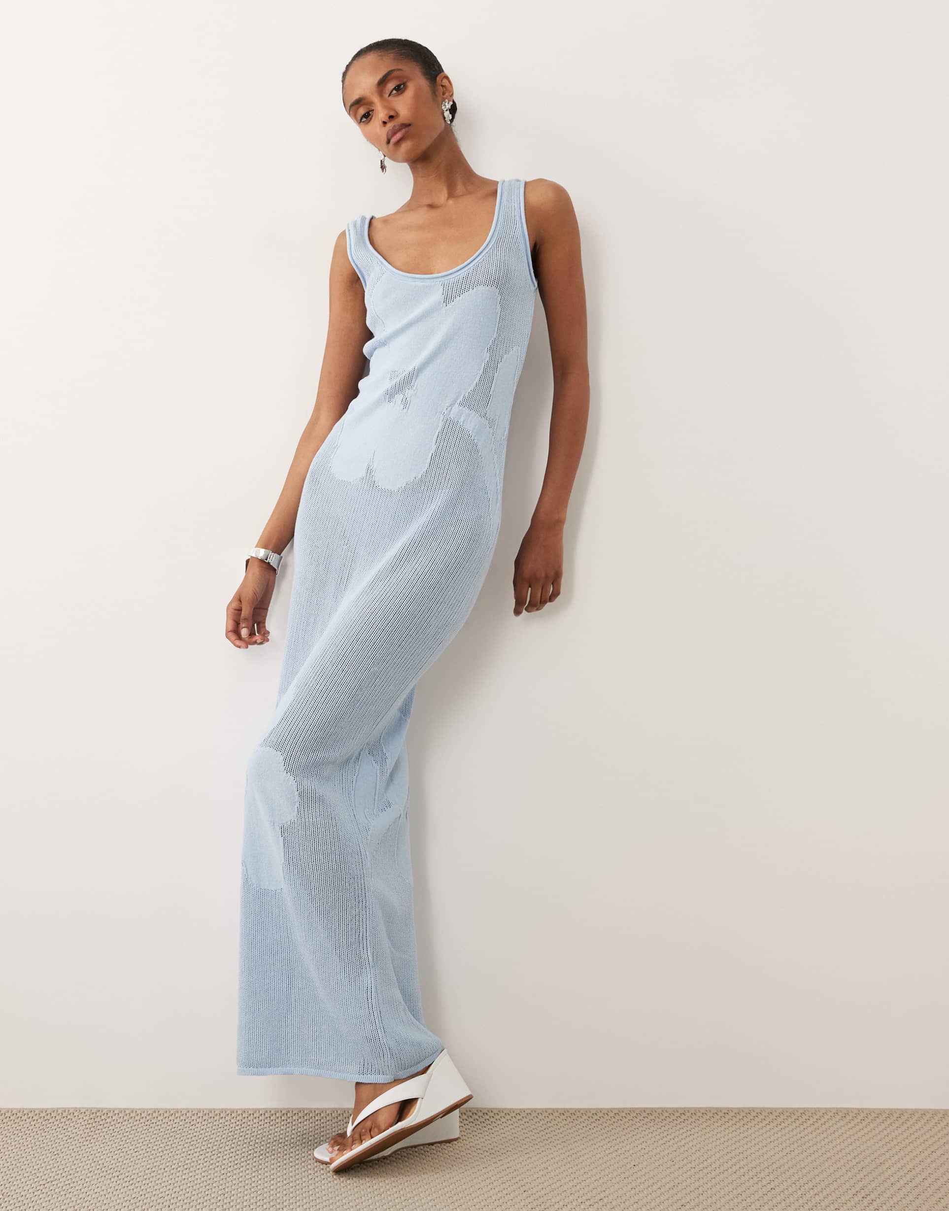 asos design fine knit floral maxi dress in blue