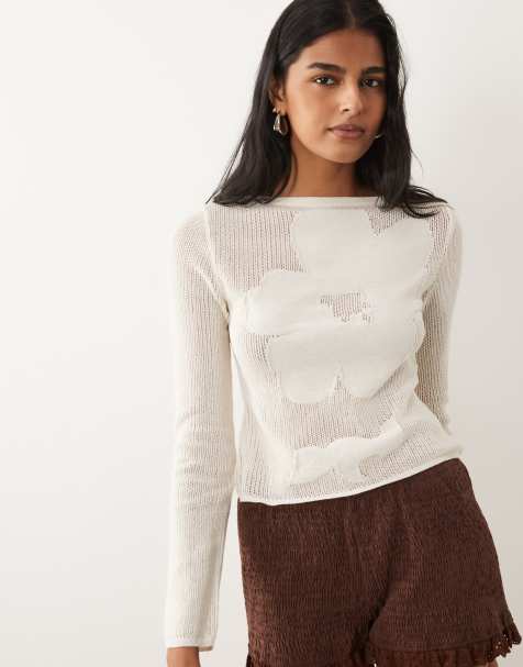ASOS DESIGN fine knit floral top in ecru - view 1