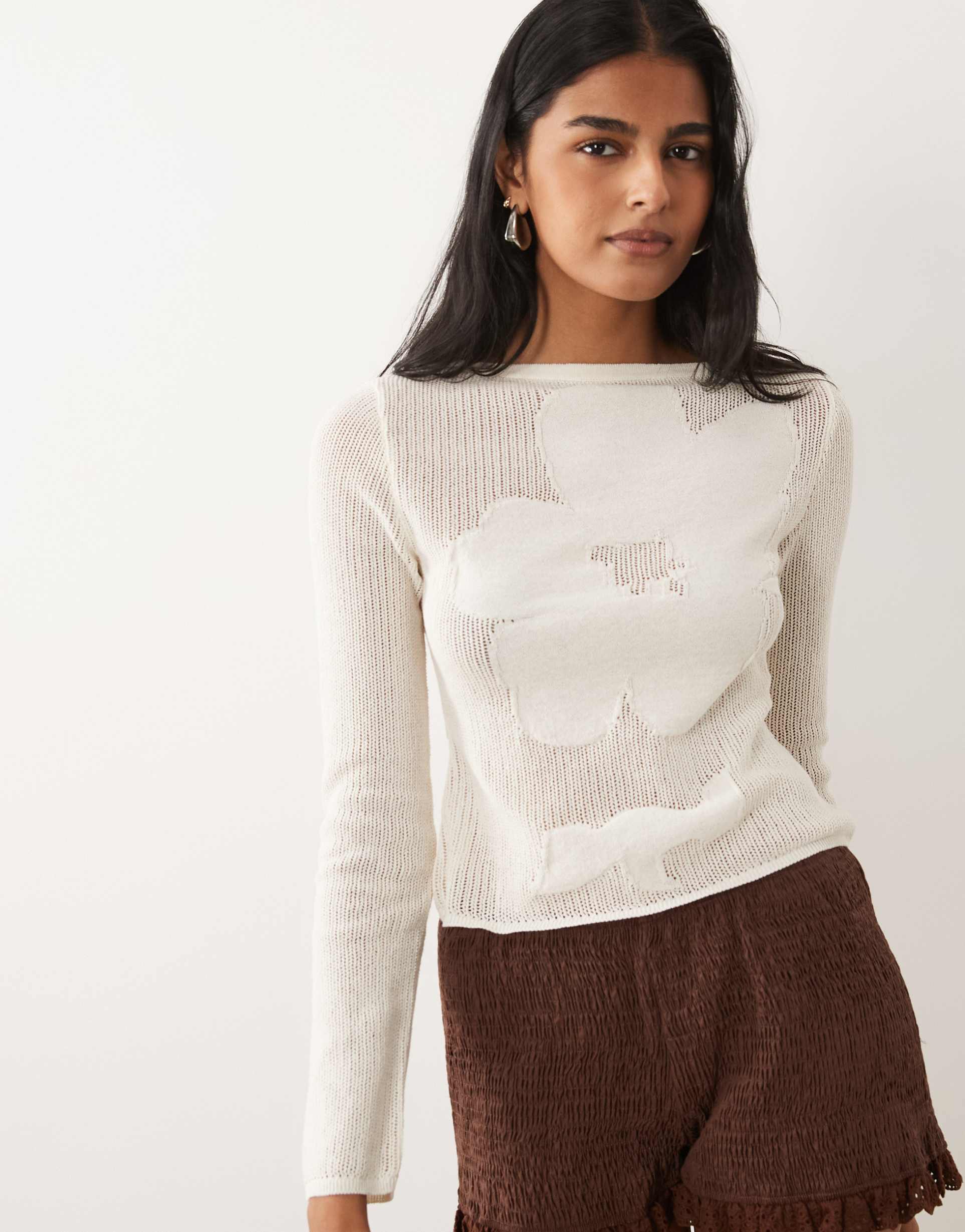 asos design fine knit floral top in ecru