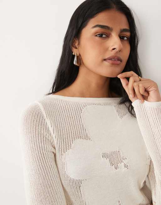 ASOS DESIGN fine knit floral top in ecru, 2 of 4