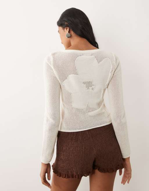ASOS DESIGN fine knit floral top in ecru, 4 of 4