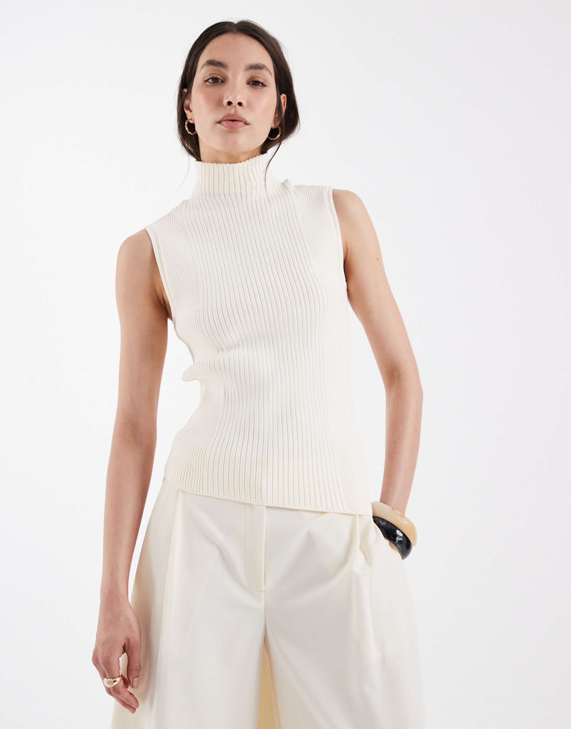 asos design fine knit high neck asymmetric hem top in cream