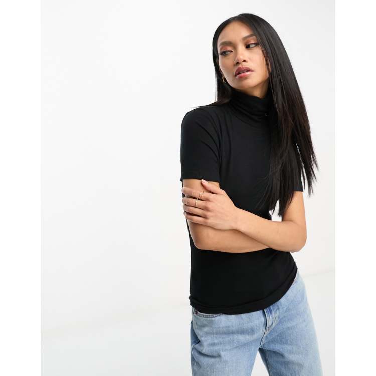 Women's Black High Neck Top Short Sleeve