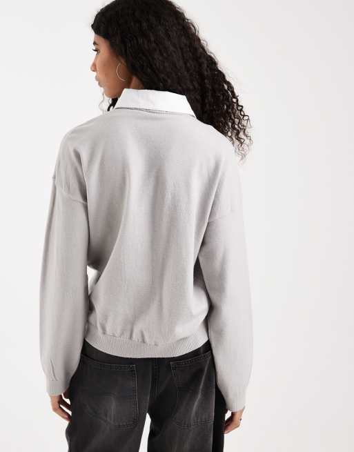 ASOS DESIGN fine knit jumper with contrast poplin collar in grey, 3 of 4