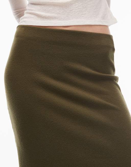 ASOS DESIGN fine knit knitted  90's length skirt co-ord in khaki, 2 of 5