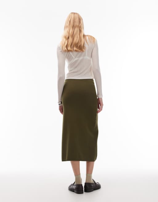 ASOS DESIGN fine knit knitted  90's length skirt co-ord in khaki, 5 of 5