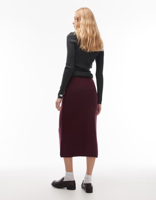ASOS DESIGN fine knit knitted  90's length skirt co-ord in wine, 2 of 5