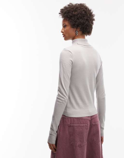 ASOS DESIGN fine knit knitted roll neck jumper in grey, 4 of 4