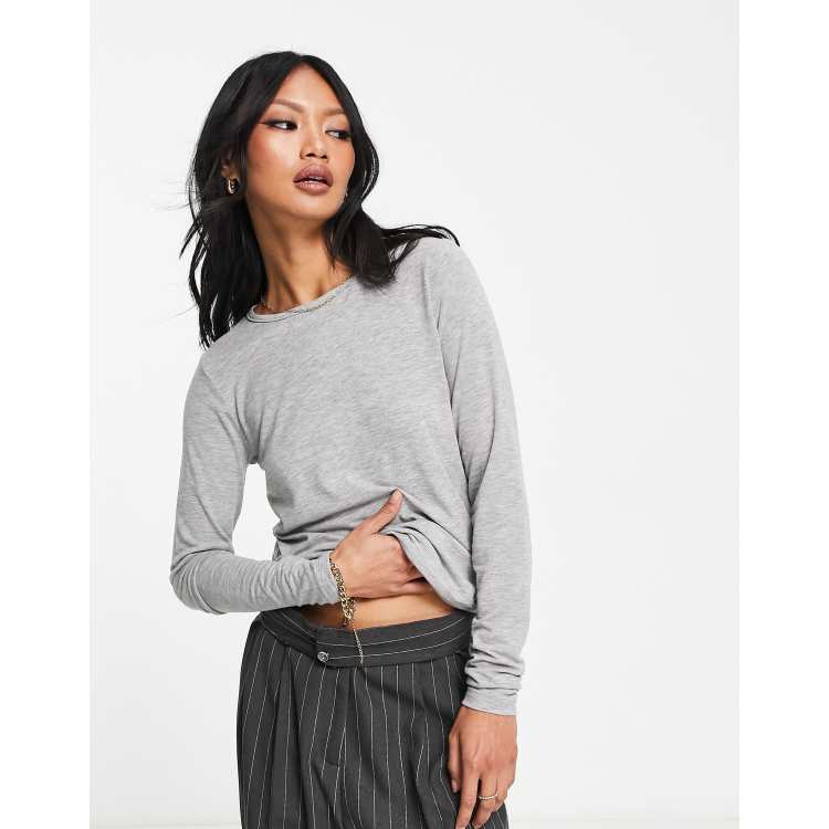 ASOS DESIGN fine knit long sleeve crew neck top in grey marl | ASOS