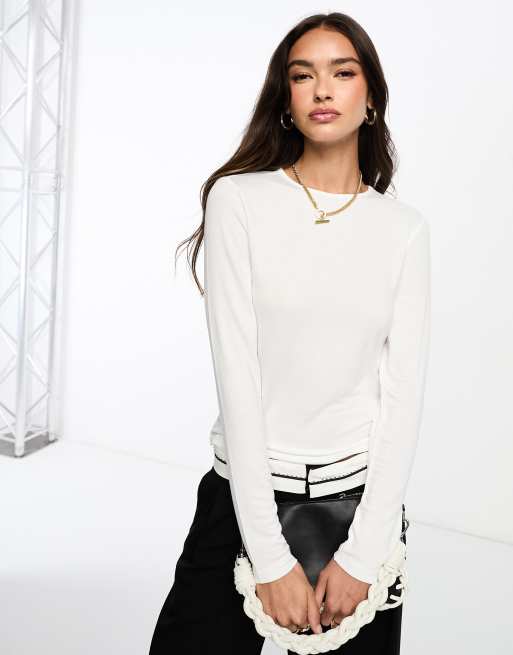 ASOS DESIGN fine knit long sleeve crew neck top in white