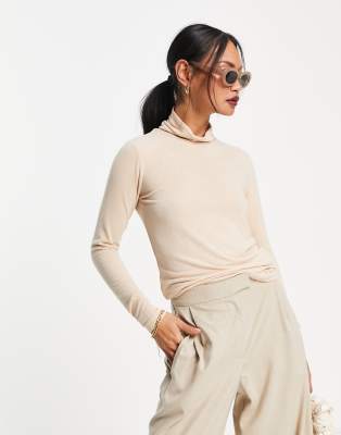 ASOS DESIGN fine knit long sleeve roll neck top in camel heather