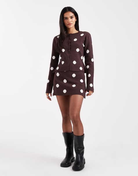 ASOS DESIGN fine knit mini skirt in brown polka dots - part of a set - view 1
