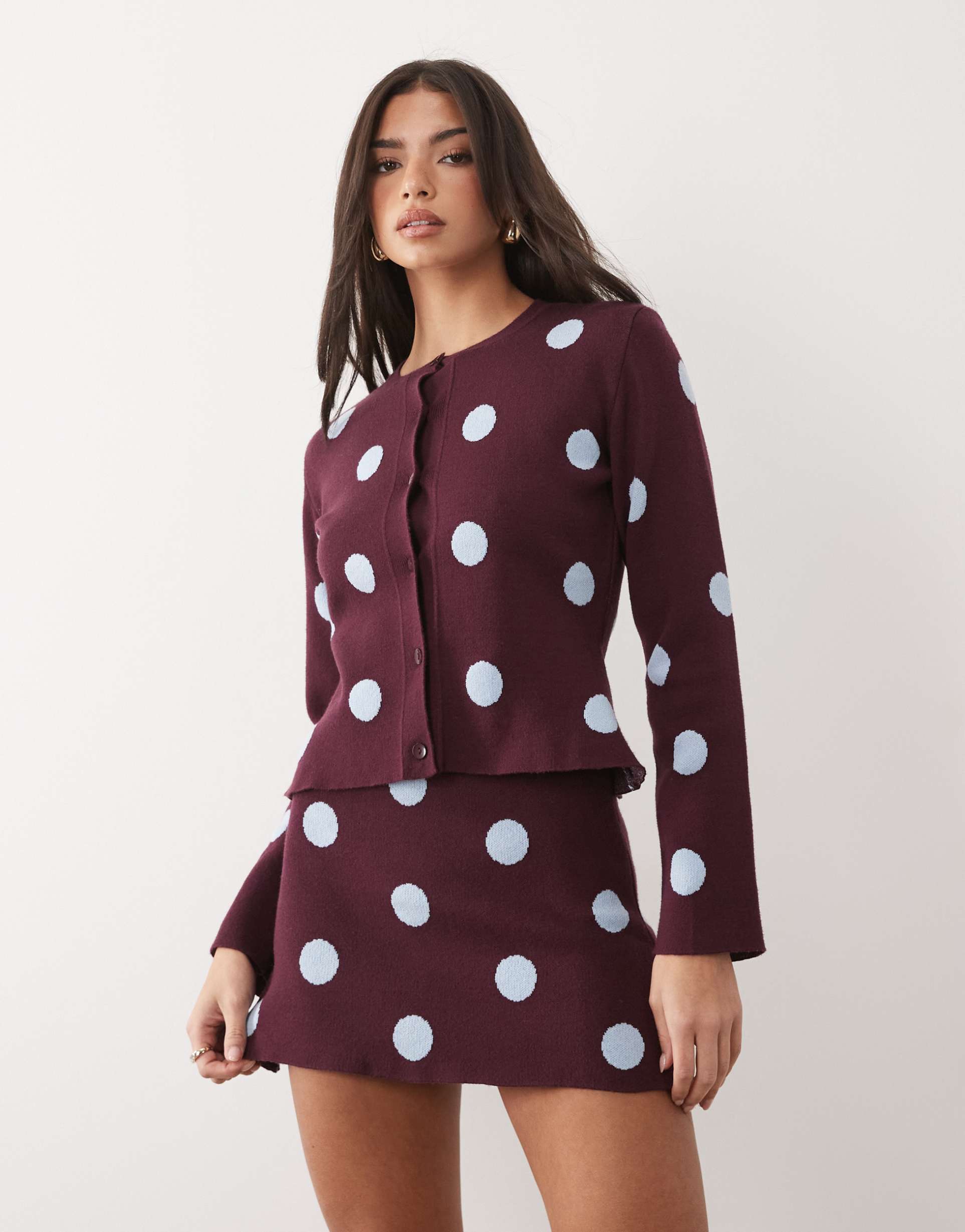 asos design fine knit mini skirt in plum polka dot - part of a set