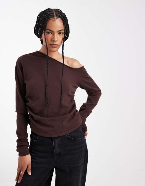 ASOS DESIGN fine knit one shoulder jumper in brown