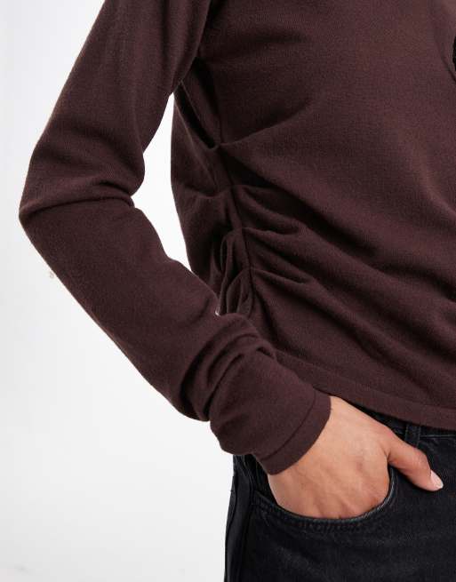 ASOS DESIGN fine knit one shoulder jumper in brown, 3 of 4