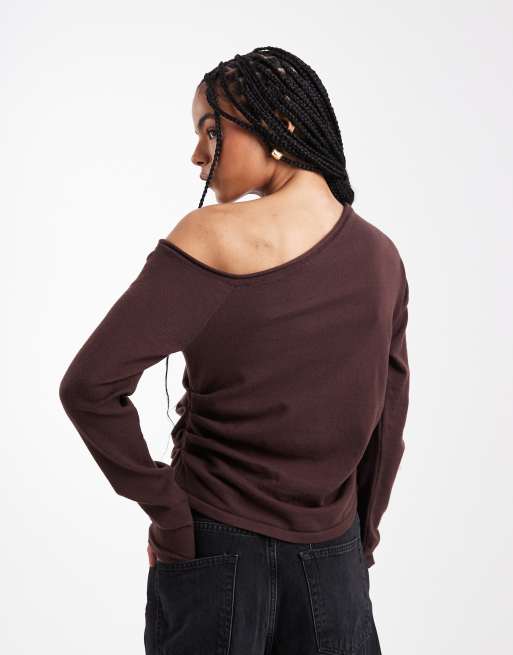ASOS DESIGN fine knit one shoulder jumper in brown, 4 of 4