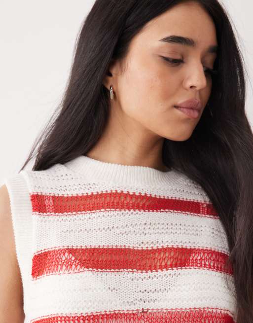 ASOS DESIGN fine knit open weave tank in red stripe, 3 of 4