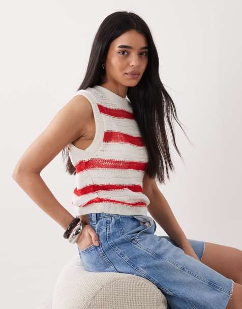 ASOS DESIGN fine knit open weave tank top in red stripe - view 1