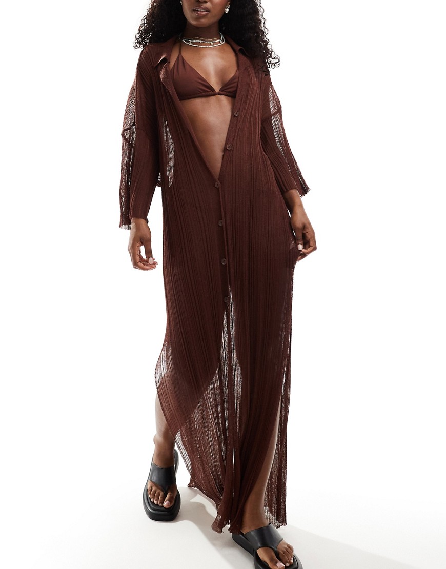 Asos Design Fine Knit Oversized Midi Beach Shirt In Chocolate Brown