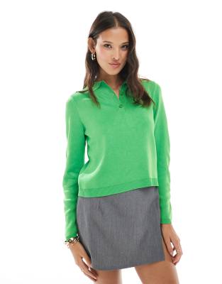 Asos Design Fine Knit Polo Top In Green