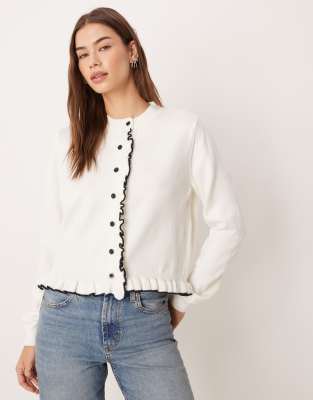 Asos Design Fine Knit Ruffle Detail Cardigan With Contrast Tipping In White
