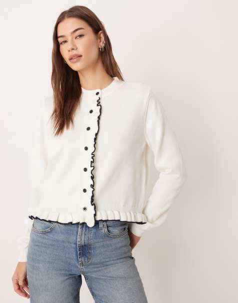 ASOS DESIGN fine knit ruffle detail cardigan with contrast tipping in cream - view 1